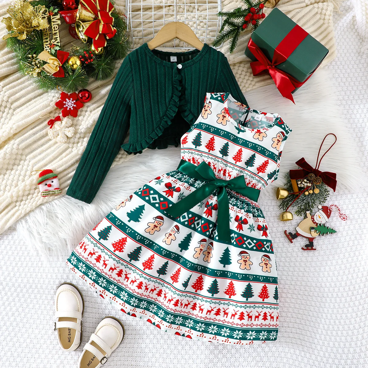 

2025 Christmas Girls' Set Gingerbread Man Christmas Tree Printed Dress+Green Ruffle Knitted Open