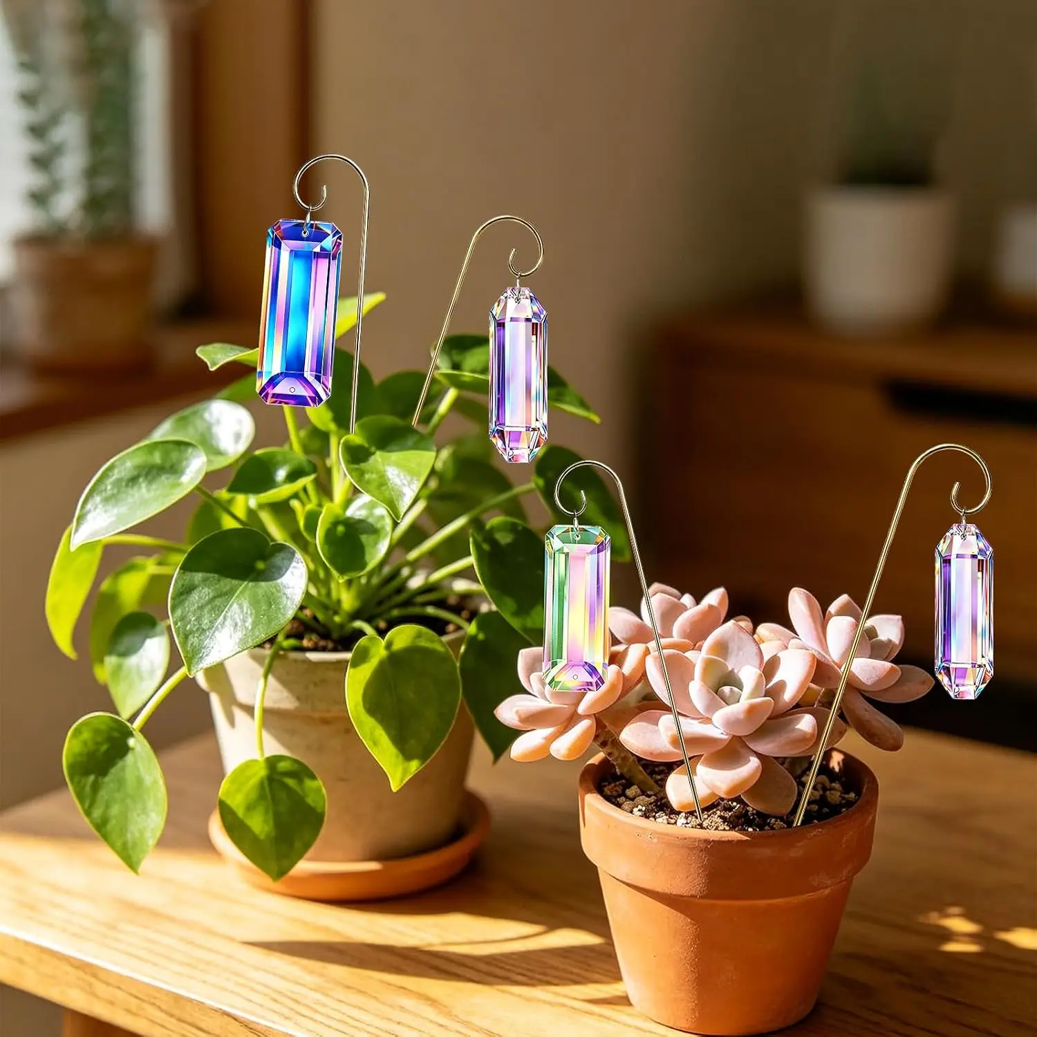 4 Pack Big Crystal Suncatcher Plant Stakes Golden Trellis AB Colored Prisms for Indoor Potted Plants Garden Decor