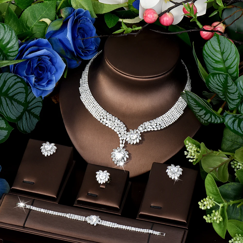 

Gorgeous temperament thick luminous jewellery necklace earrings ring popular 4 pieces wedding prom party ladies gift dress M-569