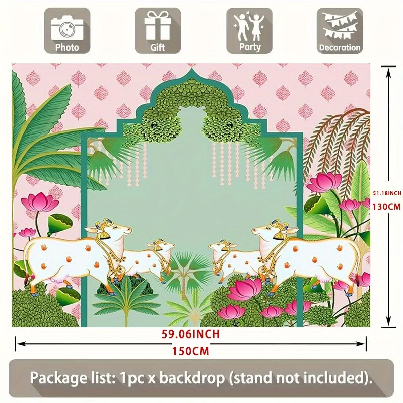 خطة ثنائية الأبعاد، قطعة واحدة، خلفية بقرة وردية ولوتس وردية - تصميم أنيق من الزهور الخضراء والوردية