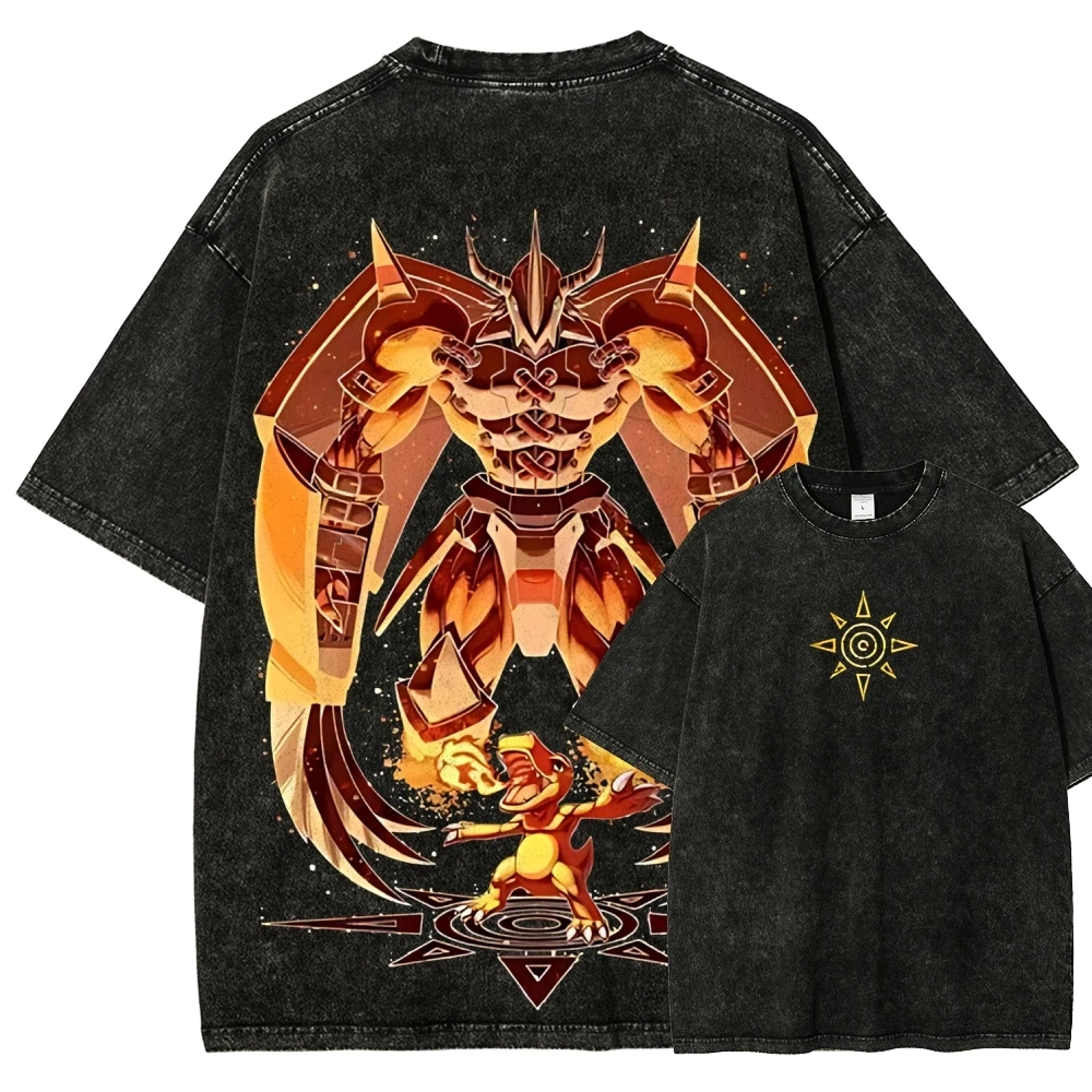 WarGreymon T-Shirt für Herren, Digimon Agumon, Vintage Acid Wash Streetwear, übergroße Retro-T-Shirts mit japanischer Anime-Grafik aus Baumwolle