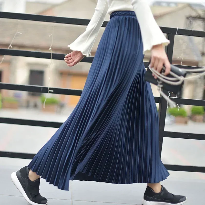 Classic Golden Velvet Pleated Skirt High Waist Retro Style Fashion Office Lady Pleated Long Skirt Winter Velvet Skirt 90cm Long