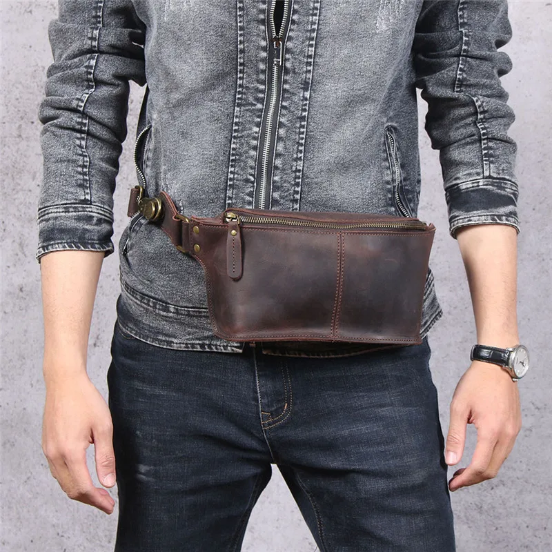 Bolso de pecho de cuero genuino multifuncional Vintage para hombres, paquete de cintura de cuero de vaca crazy horse, bolso cruzado de hombro pequeño para deportes al aire libre