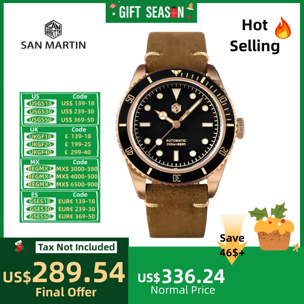 San Martin Retro CUSN8 Bronze Watch Waterproof Water Ghost 6200 Mens Watches Automatic Mechanical Luxury Suede Strap SN0004BQ