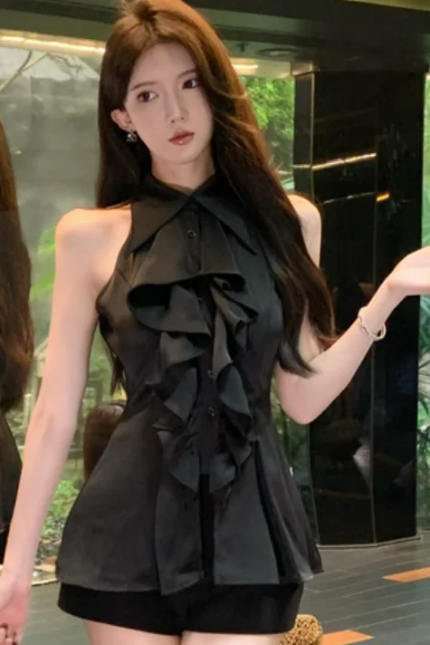 

Retro Ruffled Patchwork Polo Neck Sleeveless Women Shirt 2025 Summer New Style Repair