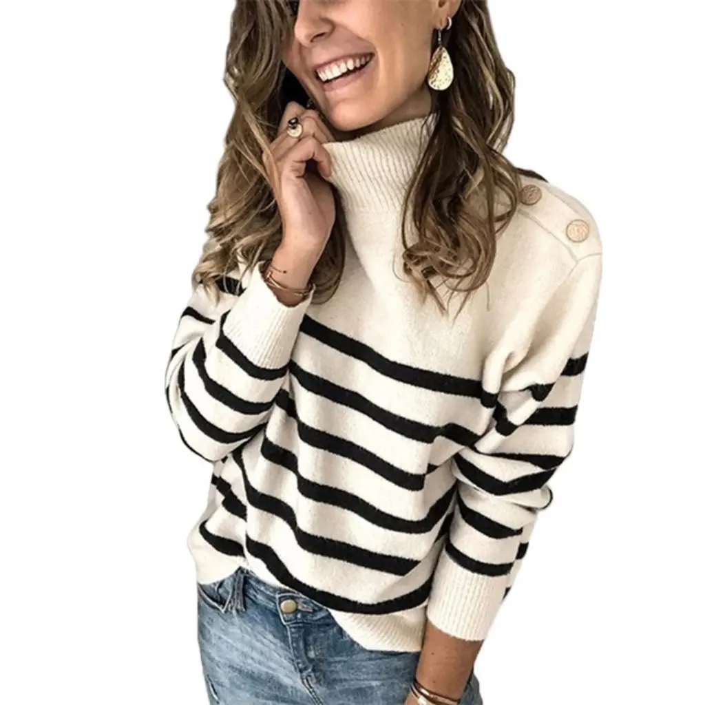 

Women's High Collar Pullover Striped Sweater Shoulder Strap Nail Buckle Design Autumn Winter New Fashion Knitwear
