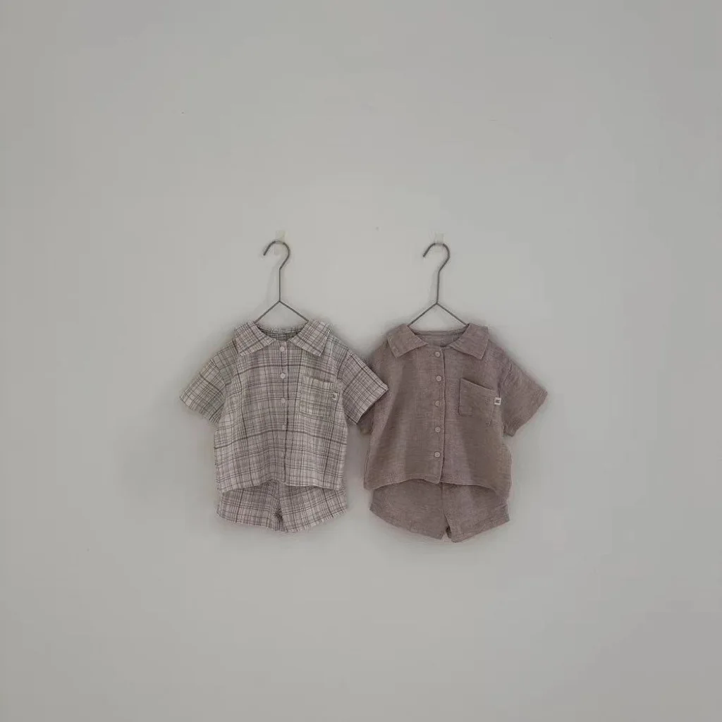 2024 Summer New Baby Short Sleeve Plaid Set Infant Boy Girl Lapel Cardigan + Shorts 2pcs Suit Cotton Breathable Toddler Outfits