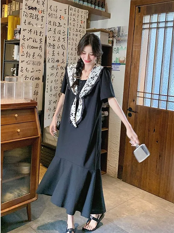 

plus Size 300 Pounds Loose Fish Tail Splice Long T-Shirt Dress Women Anti Aging Navy Collar Dress Summer Casual a Line Skirt
