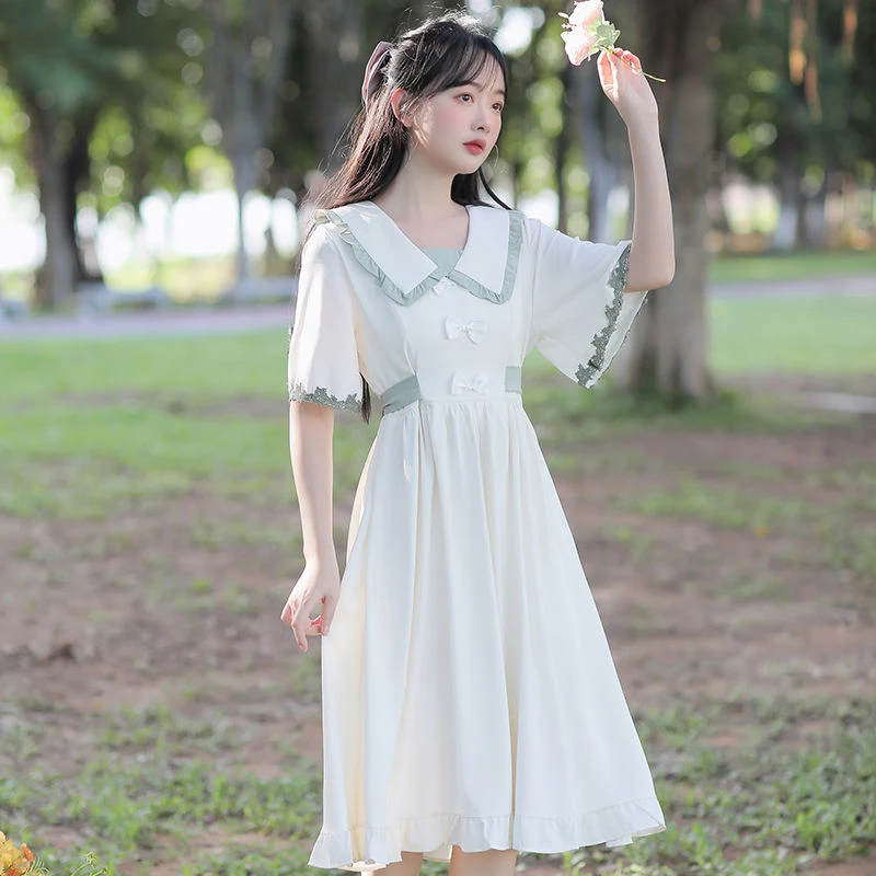 Sweet Peter Pan Collar Bandage Folds Bow Princess Dress Female Clothing 2024 Summer New Loose All-match Flare Sleeve Midi Dress