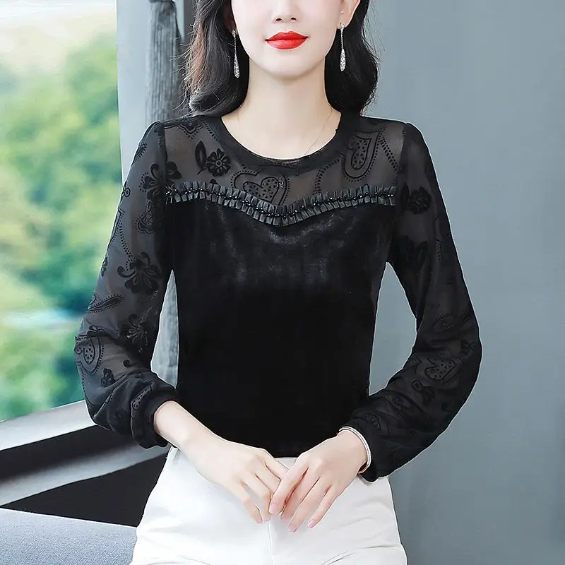 Women Stylish Print Patchwork Vintage Gold Velvet Basic T-shirts Elegant Chic O Neck Long Sleeve Loose Pullover Tops Ropa Mujer