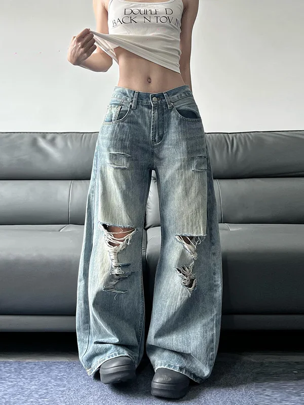 

Summer Thin Men's Denim Jeans Tear Old American High Street Bamboo Texture Loose Straight Micro Flared Long Trousers Trendy