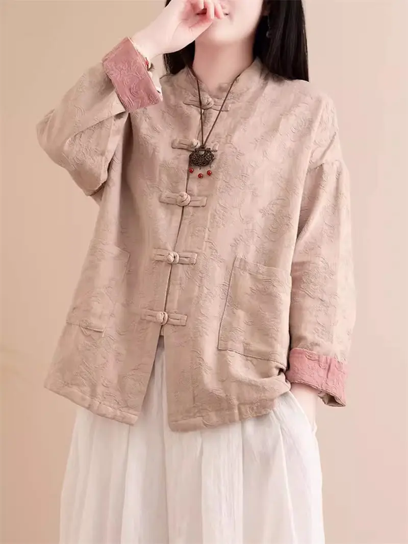 

Chinese Style Cotton And Linen Shirt Jacket Buttoned Top For Women 2024 Spring Autumn Retro Artistic Stand Up Collar Coat K1887