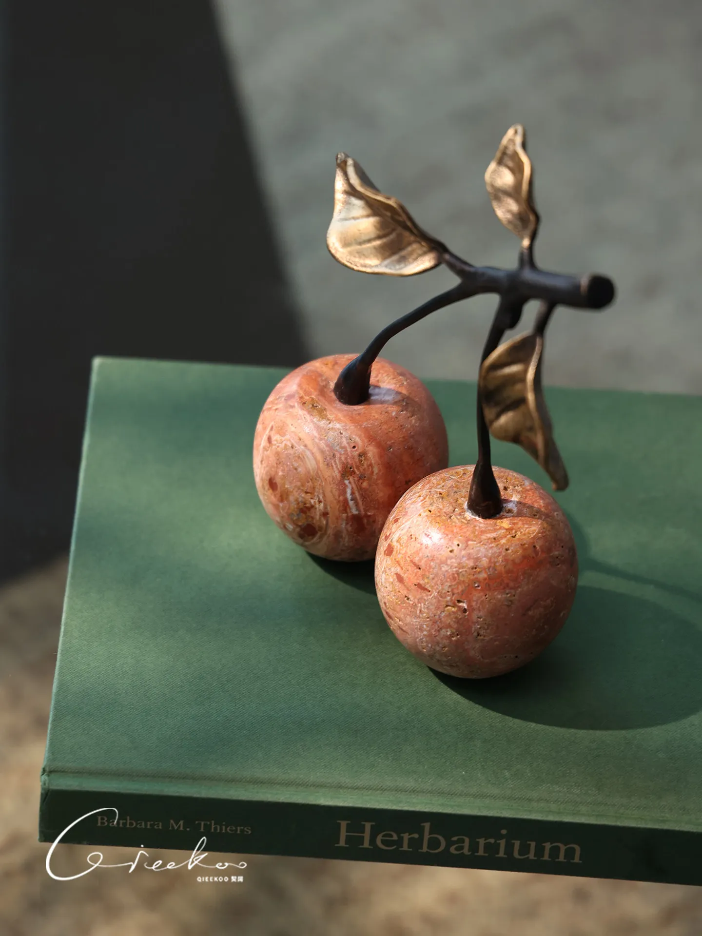 Modern Minimalist Natural Travertine Cherry Figurine, Luxury Niche Art Decor for Entryway Living Room Tabletop