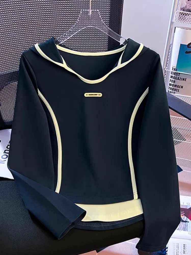 Women's Slim Fit Short Sleeve Long Sleeve Hoodie Spring Autumn Versatile Color Block T-Shirt Casual Comfortable Breathable