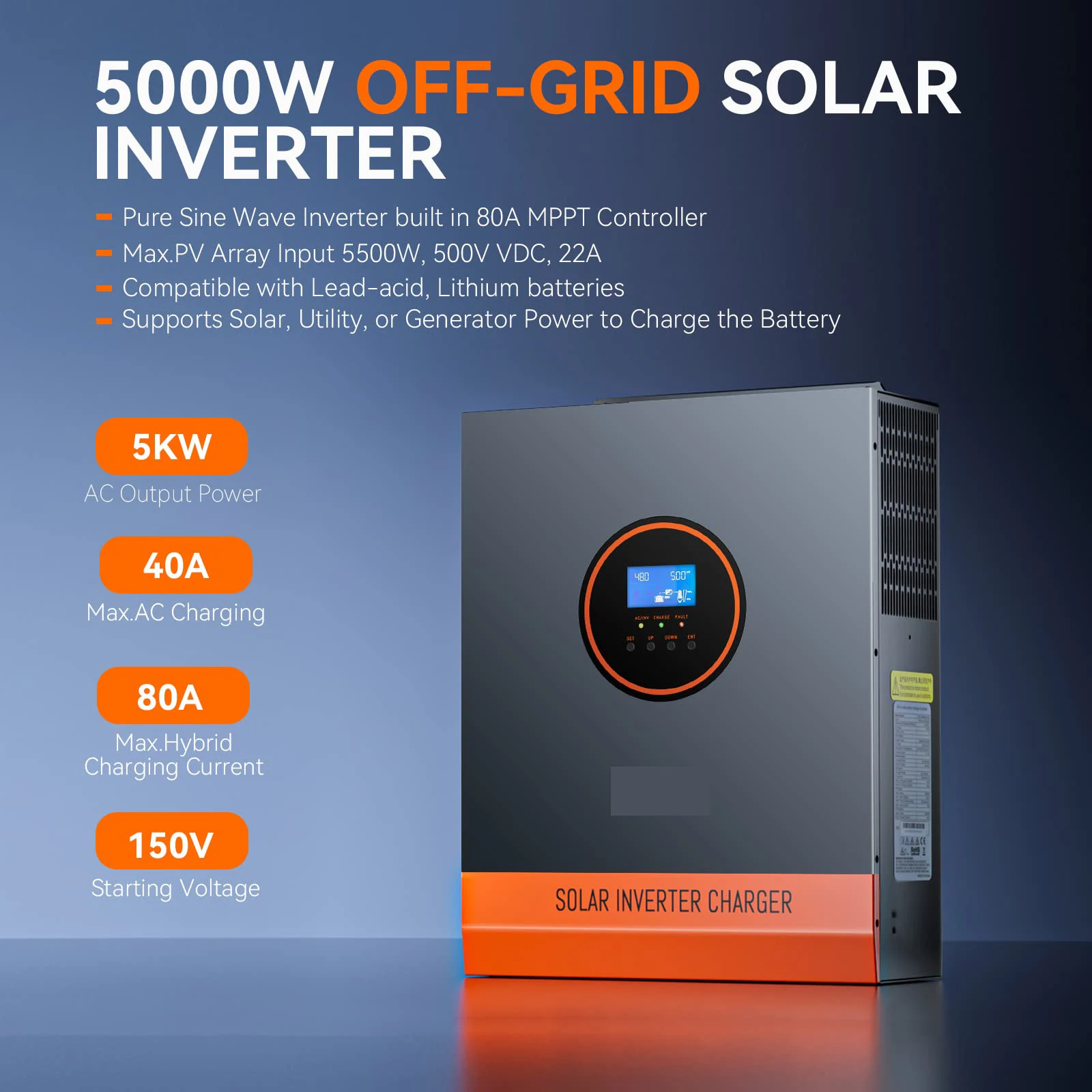 5000W Hybrid Solar Inverter Pure Sine Wave Inverter Off Grid Inverter With 100A MPPT Controller Single AC Output WIFI