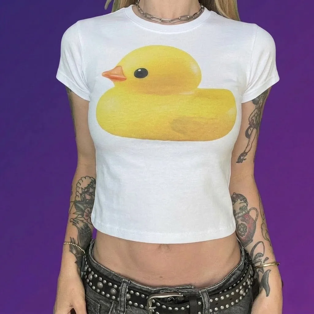 Y2K Millennium Spicy Girl Style Slim Fit Short T-Shirt Children's Fun Dopamine Little Duckling Short Sleeve round Neck Cotton...