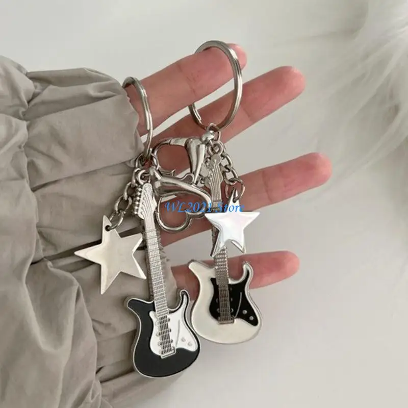 

G5GC Vintage Alloy Guitar Pendants Keychain Sparkling Pentagram Star Charm Guitar