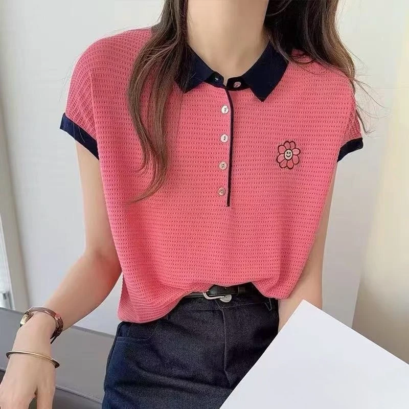 Women's Trendy Summer Colorblocked Pullover Knit Top Chest Embroidery Half Button Placket Collar Small Flutter Sleeves