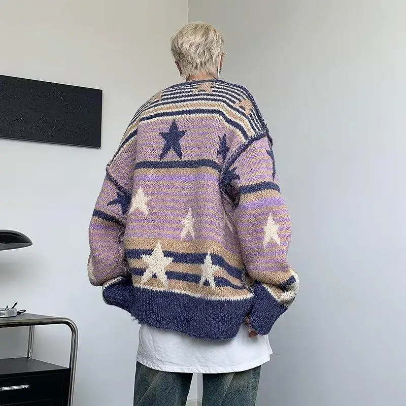 Lovers star striped sweater Autumn and winter retro loose casual American sweater jumper for men and women