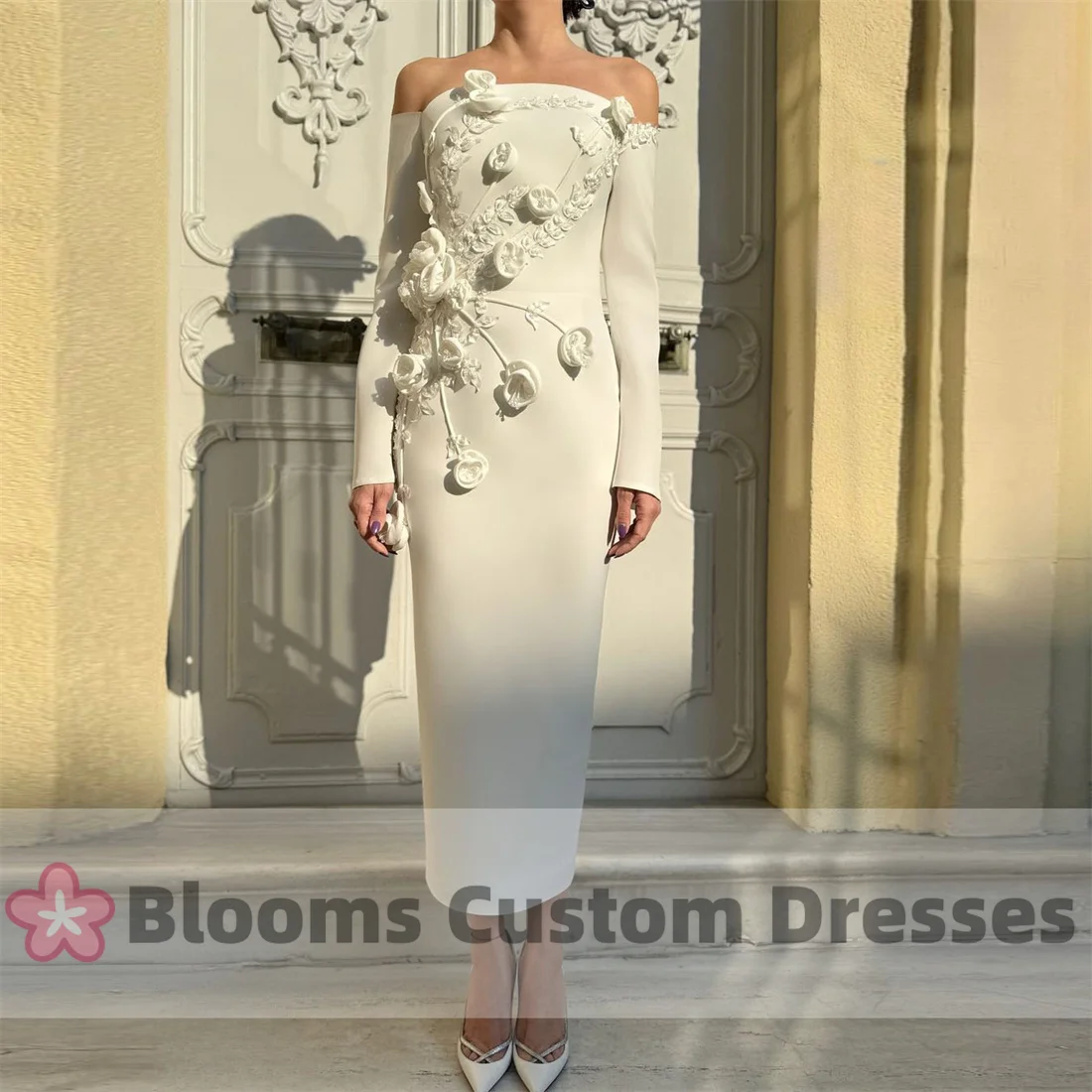 Blooms Customized Leaf Appliques 3D Floral Evening Dress Off Shoulder Long Sleeves Formal Party Dress Ankle-length Prom Gown