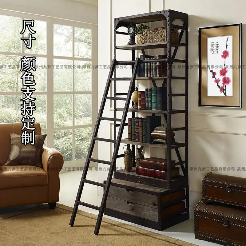

Jiumeng wrought iron solid wood full wall bookshelf American retro floor bookcase living room industrial style multi-layer shelf