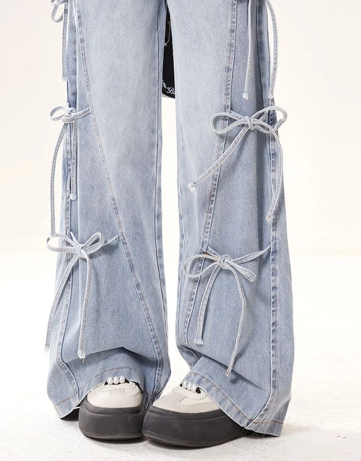 Jesienne nowe sznurowane dżinsy z muszką, damskie amerykańskie retro wszechstronne luźne spodnie z szerokimi nogawkami do podłogi
