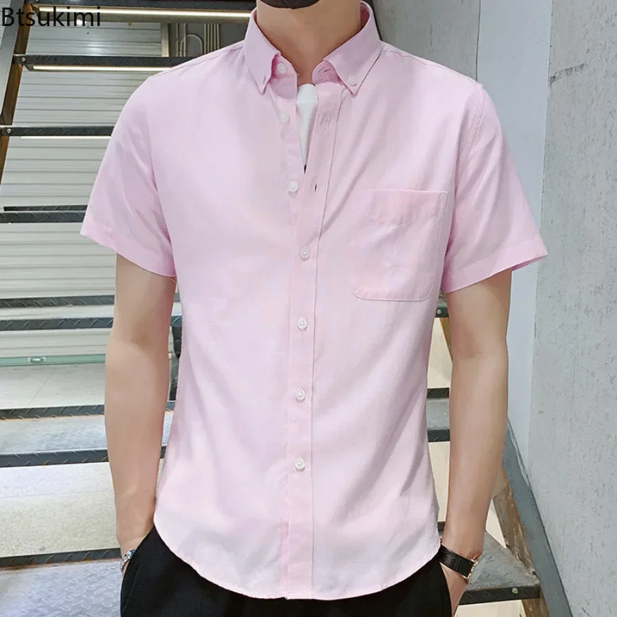 2025 Men's Summer Casual Short Sleeve Shirt 100% Cotton Loose Solid Oxford Business T-Shirts Brand Youth Boy Fashion Clothing