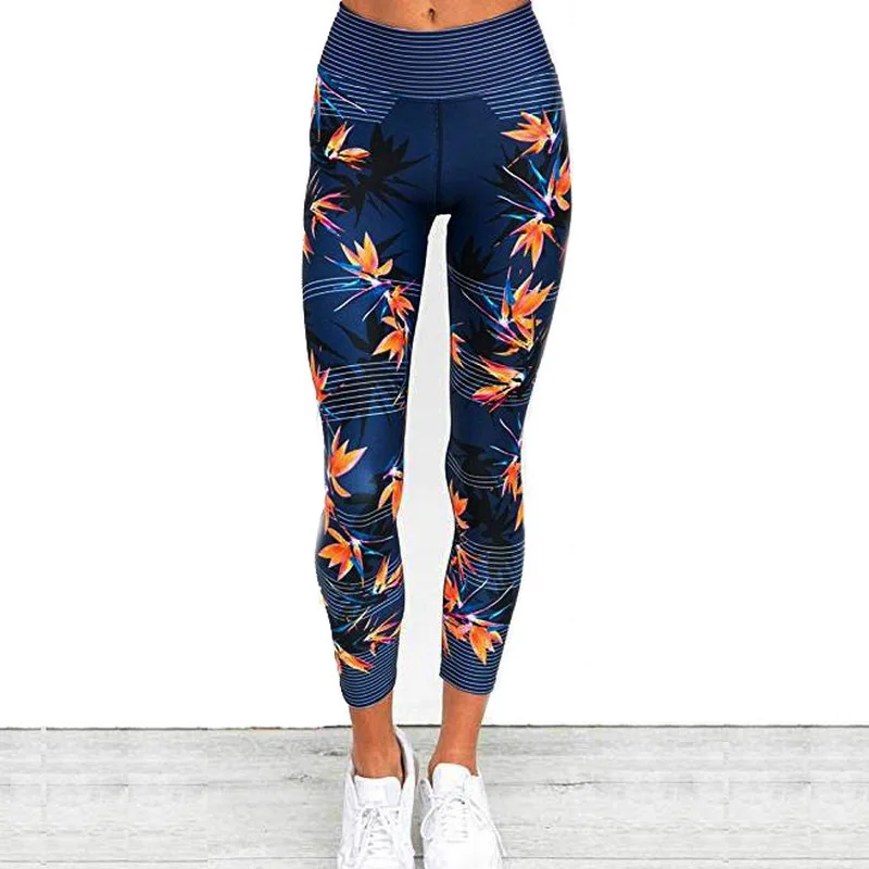 Women Leggings Blue Printing Leaf Quick Drying Breathable Pants Show Thin Hip Lifting Sexy Red Green European