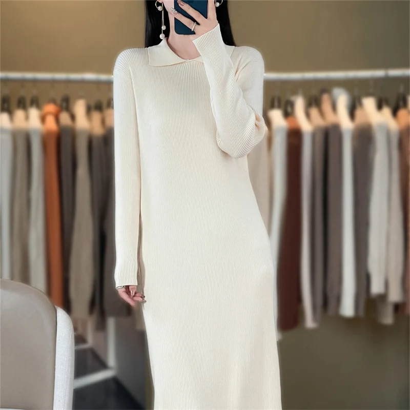 Women\'s boutique POIO collar long sleeved dress autumn and winter knitted cashmere sweater Women\'s solid color pullover long