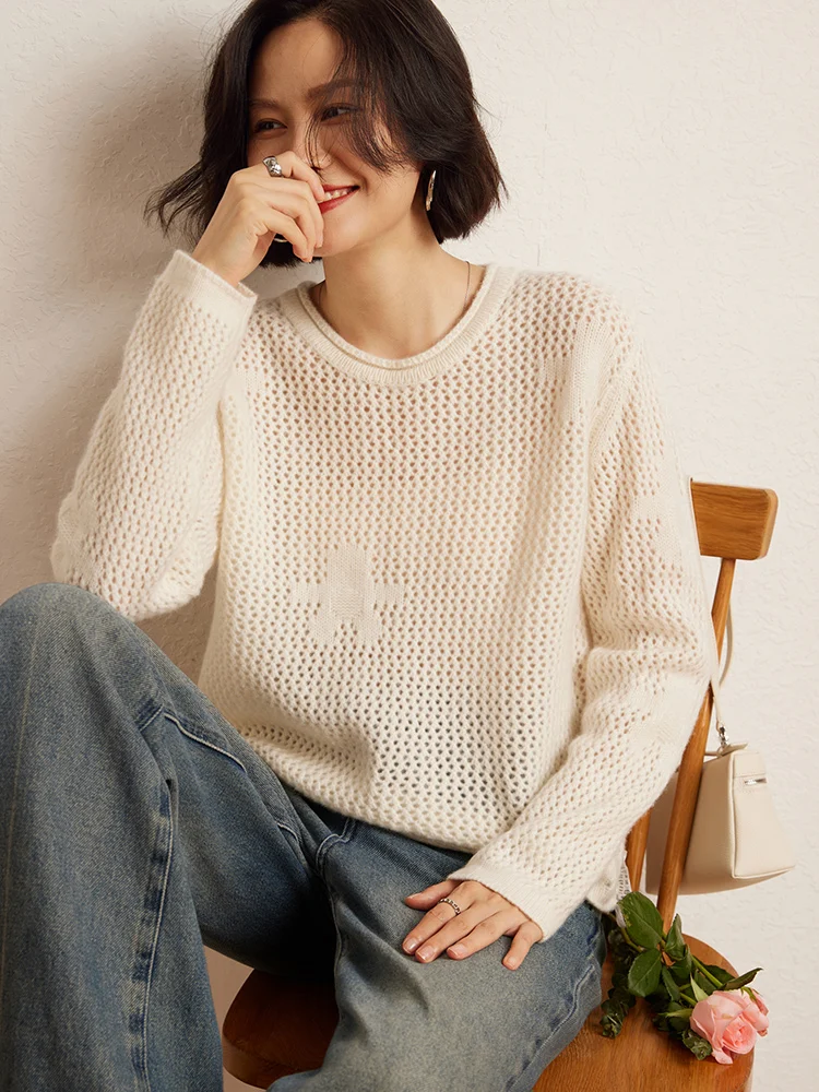 

Women's 100% Cashmere Pullover Curl Side Round Collar Sweater Autumn Winter Hollow Out Cashmere Knitwear Casual Loose Clothing