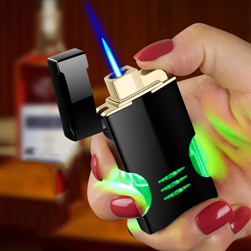 Creative LED Green Light Windproof Jet Blue Flame Butane Gas Torch Lighter Visible Gas Window Outdoor Portable Cigar Lighters