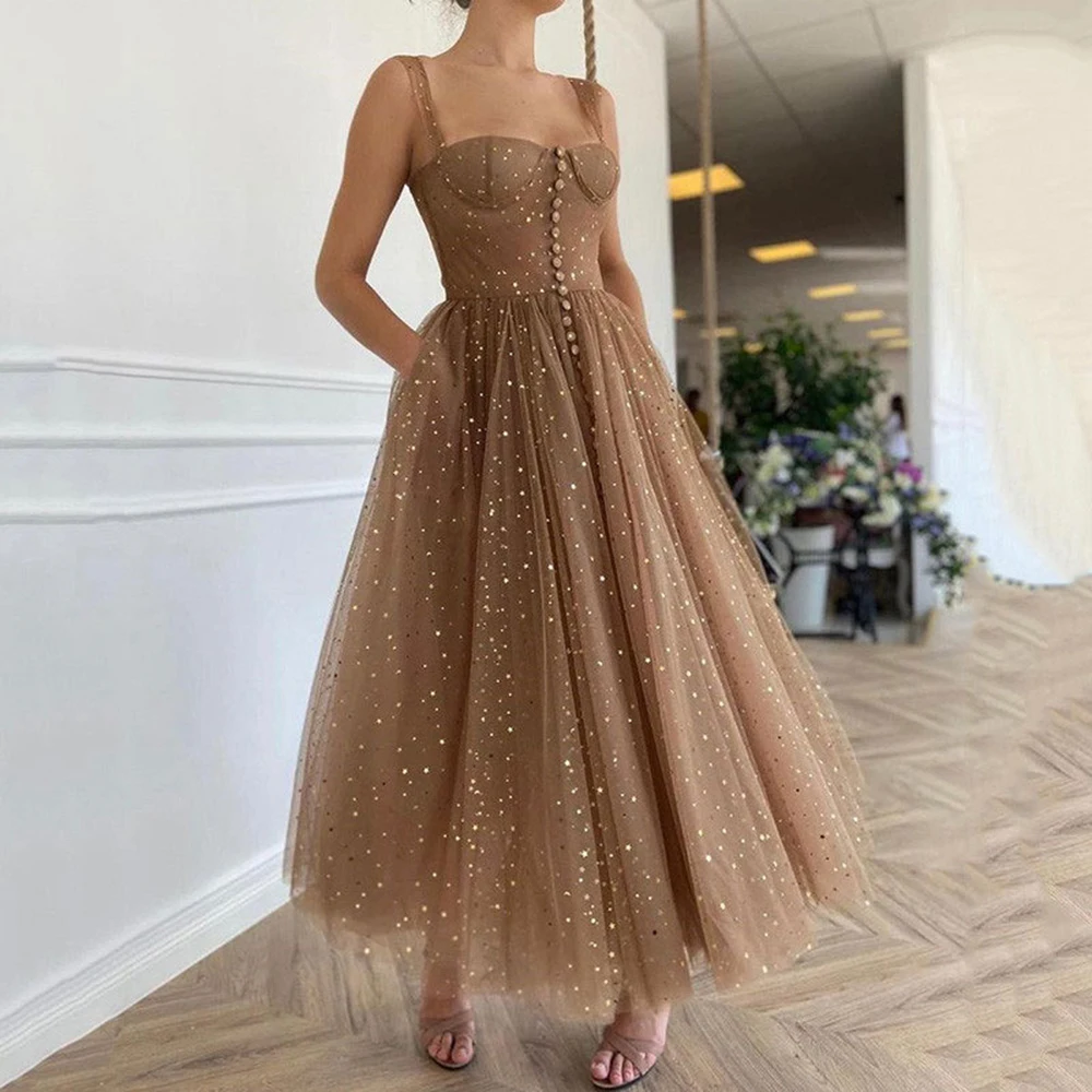 

GUXQD A-Line Tea Length Homecoming Dresses Spaghetti Straps Sequins Prom Party Gowns Graduation Vestido De Noche robes de soirée