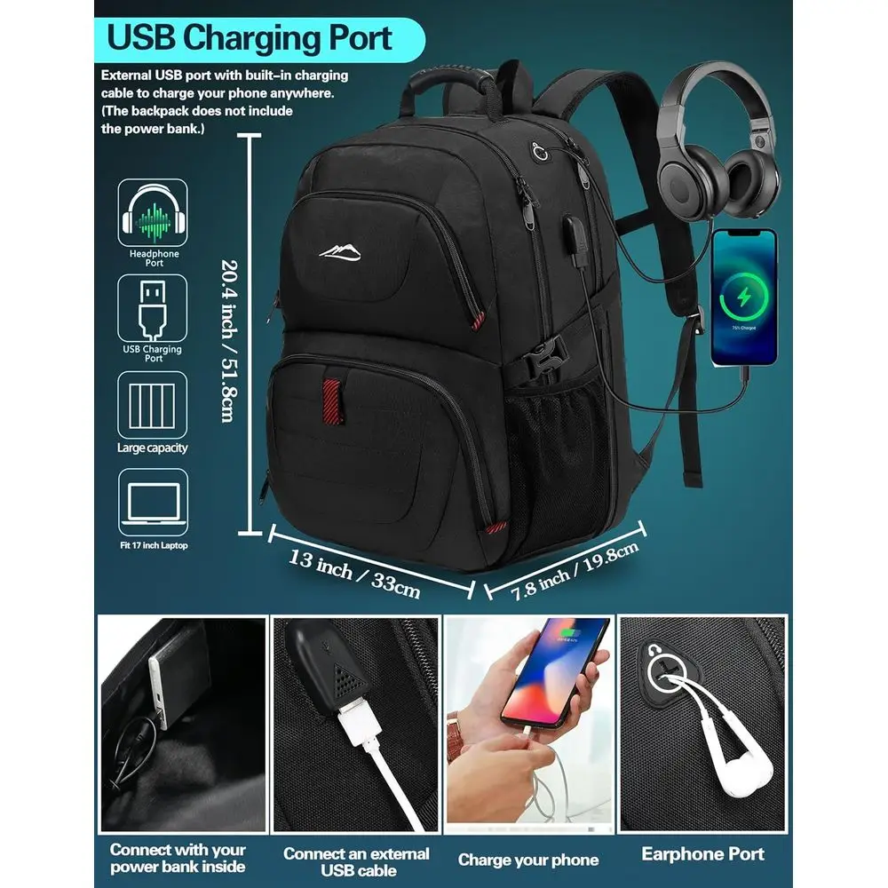 Mochila grande antirrobo para portátil para 17 portátiles, carga USB, aprobada por TSA, ideal para la universidad y el trabajo (negro)
