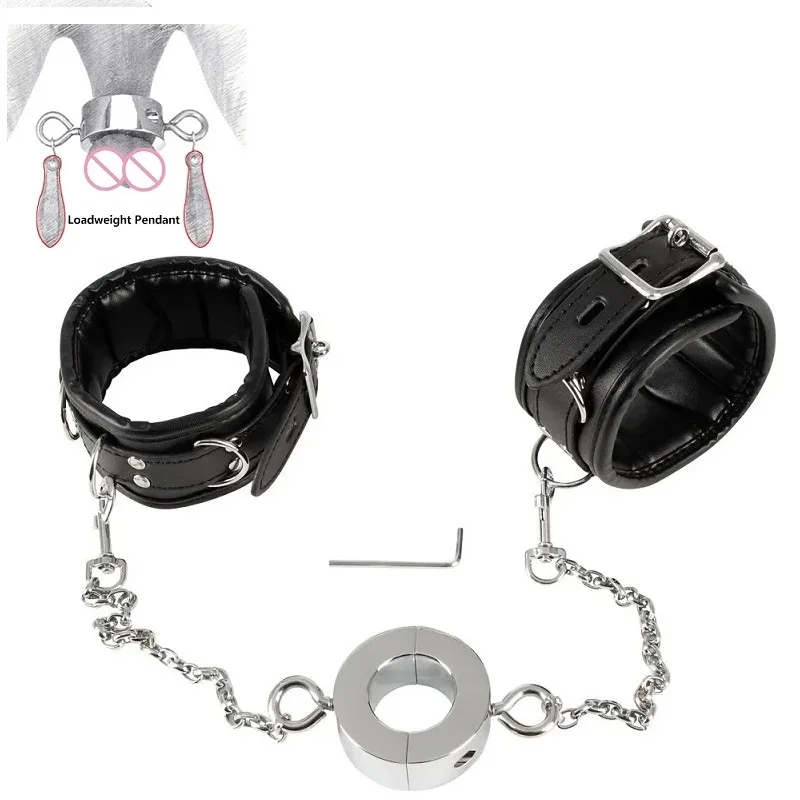 Stainless steel heavy ball stretcher penis lock cock ring delay leather bondage handcuff with chain set metal slave couple game