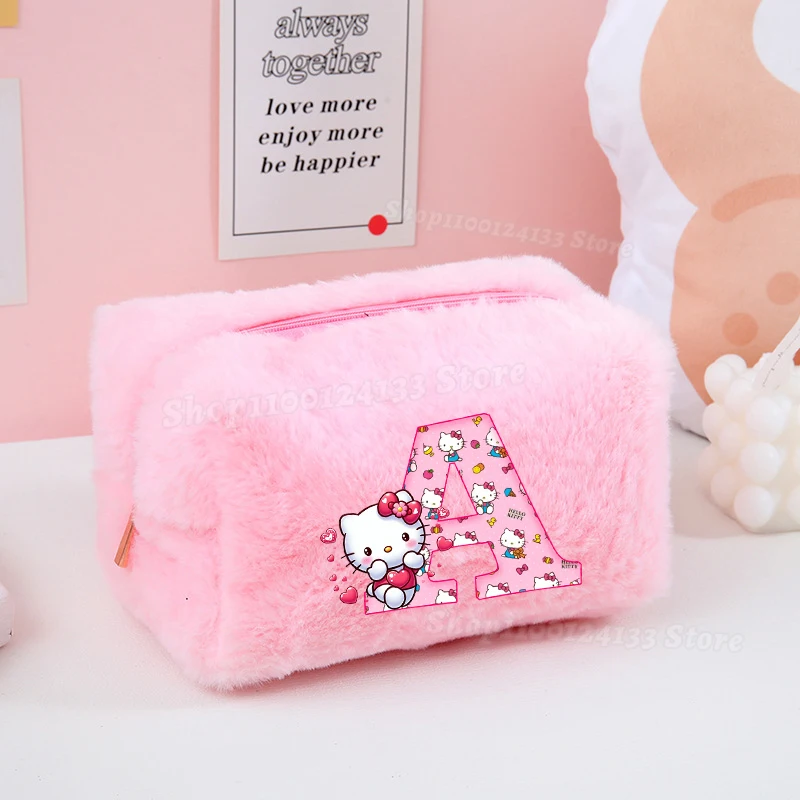 Lindo Hello Kitty chica bolsa de maquillaje rosa Plushd Sanrio Anime letras A-Z estampado mujer Kawaii bolsa suave niños moneda en estuche de cosméticos nuevo
