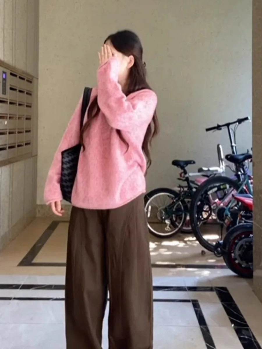 Pull rond rose Ne pour femme, ample, paresseux, haut tricoté, haut de gamme, automne hiver, décontracté, confortable