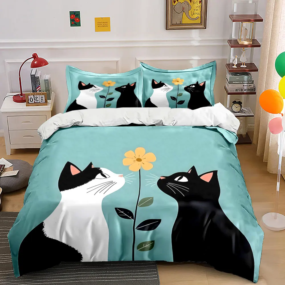 Black and white cats with yellow flower Bedding Set for Kids Luxury Gift 3pcs Digital Print Comforter Set Soft Comfortable