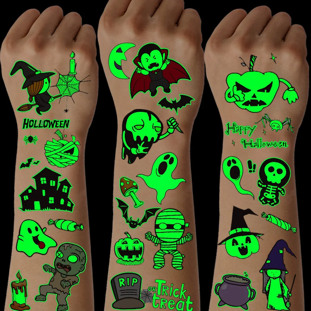 9 Sheets Luminous Halloween Temporary Tattoos,Glow in the Dark Pumpkins Vampires Zombies Ghosts Halloween Party Favors Decor