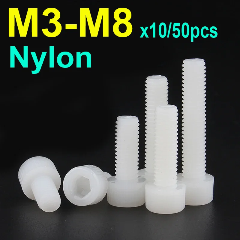 

10/ 50pcs Plastic Nylon Socket Cap Screws White Hex Head Allen Bolts Screw M3 M4 M5 M6 M8