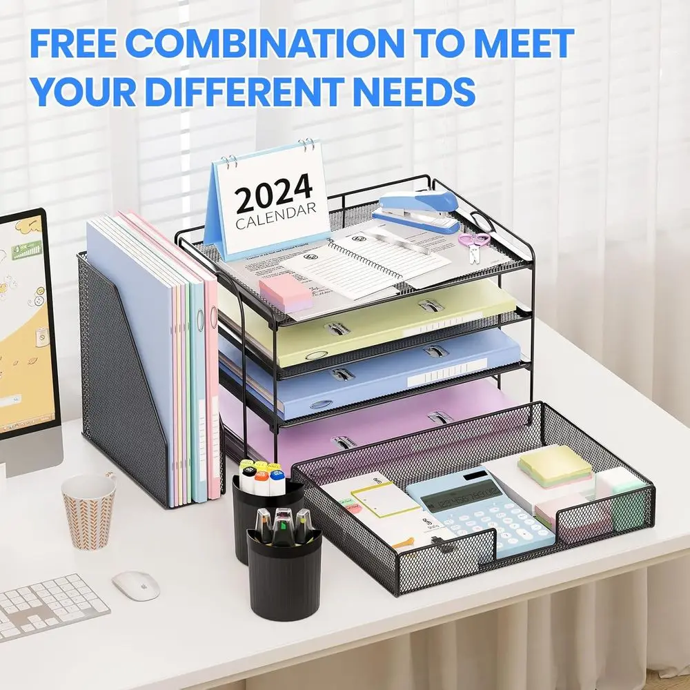 منظم المكتب والملحقات، منظم ملفات سطح المكتب من 4 طبقات مع درج وحاملين أقلام، ملحقات مكتب المكتب، منفذ الملفات