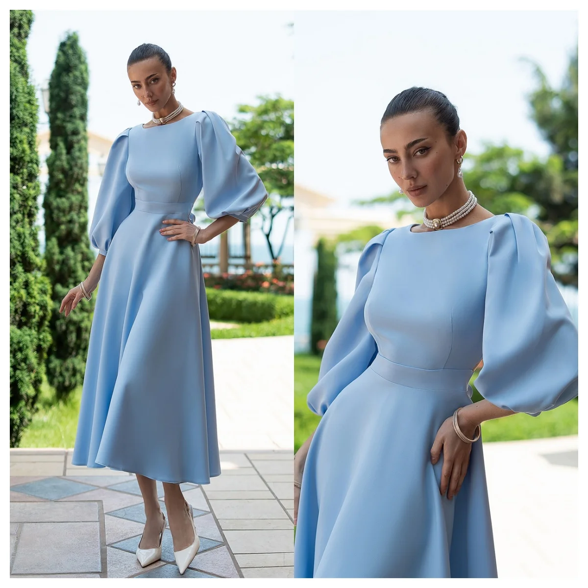 

Customized Modern Blue Jersey Evening Dress O-Neck 3/4 Sleeves Celebrity Gowns Bespoke Occasion Gowns High Quality Buttons Back