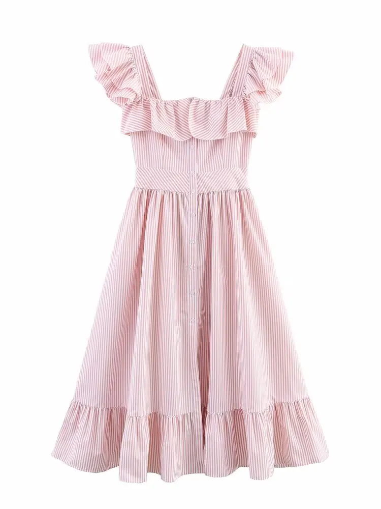 ZAB automne nouveau femmes doux Sle taille haute Midi Dr t-shirt couleurs rayé cloche Sve taille froncée bouton unique Dr