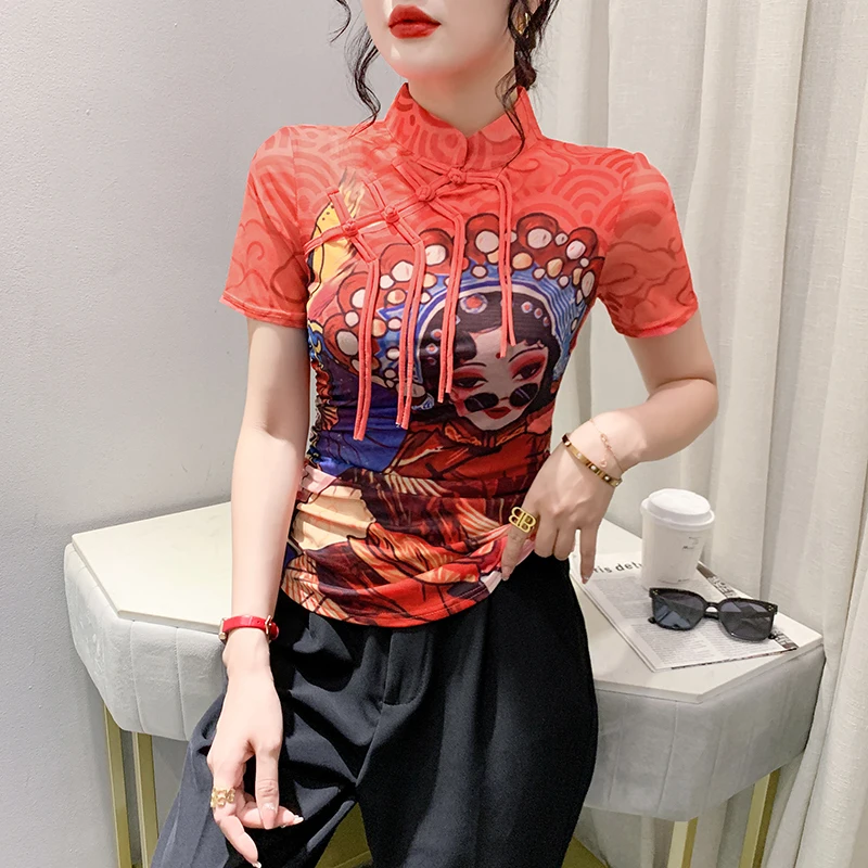 Summer Chinese Style T-shirts Women Mandarin Collar Short Sleeve Tassel Buttons Printing Mesh Tops TShirt For Female FF6869