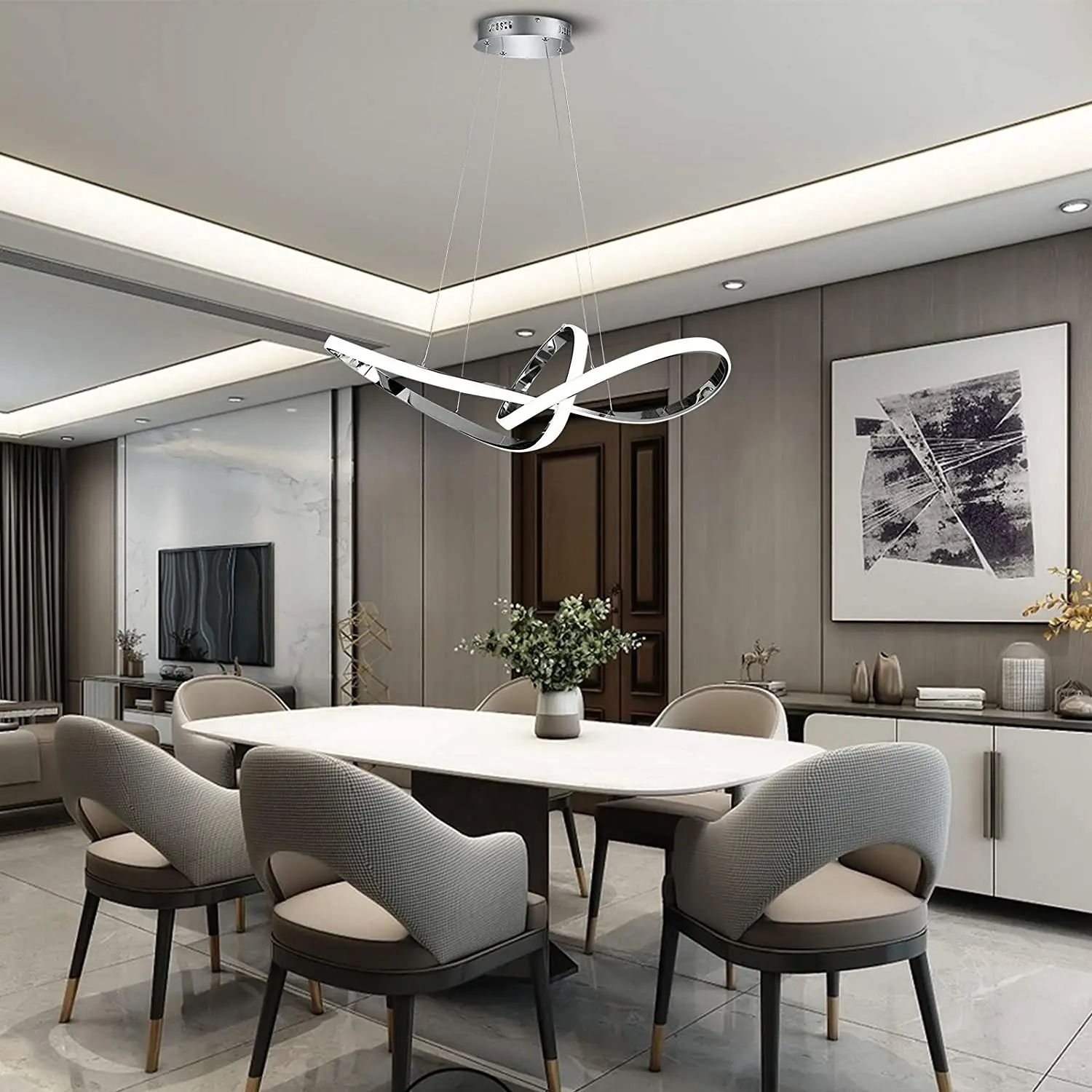 Modern LED Double Ring Pendant Light with Remote Control for Living Room Warm White Light