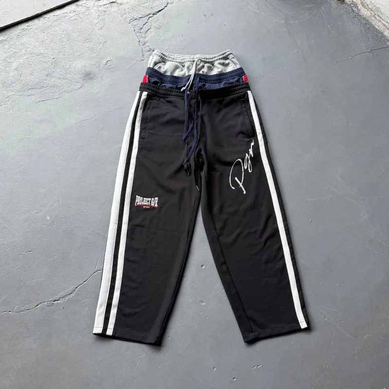 

Fake Three Piedes Waist Design Stripe Project G/R Cross Pants Embroidery Label Men Women Loose Casual Sweatpants Jogger Trousers