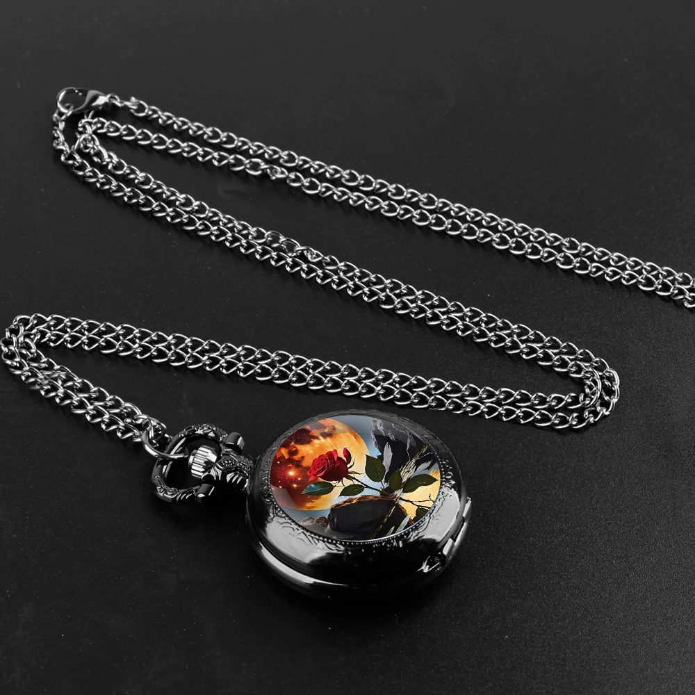 Montre de Poche à Quartz en Verre Rose au Clair de Lune pour Homme et Femme, Collier avec Chiffre Arabe, Pendentif, Cadeau Exquis