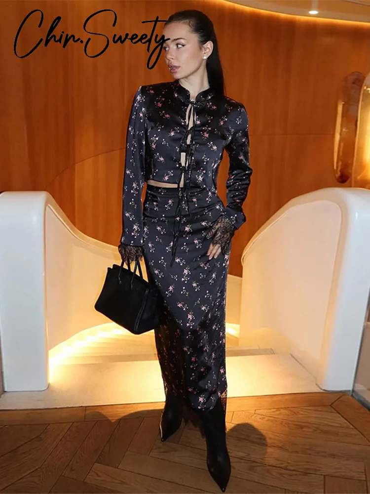 

Элегантные женские рубашки-юбки, костюм на шнуровке с длинным рукавом и круглым вырезом, женские комплекты 2022, осенне-зимний шикарный комплект из 2 предметов, женская одежда