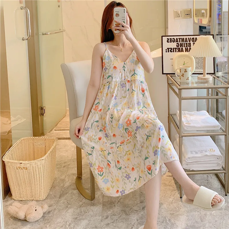 Slip Nightdress Women Summer V-Neck Pajamas Cotton Print Cute Sweet Thin Home wear Dress Lingerie Thin Loose Nightgown