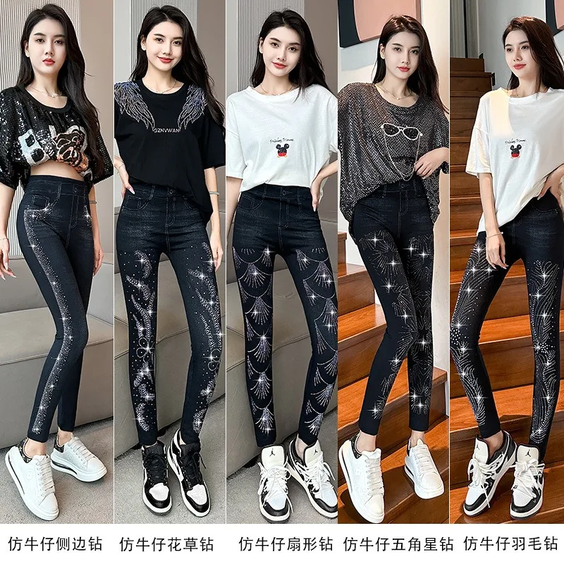 Fashion Black Rhinestone Leggings Women Stretchy Skinny Casul Pants Outdoor Wearling Jogging Walking Small Feet Cropped Pants