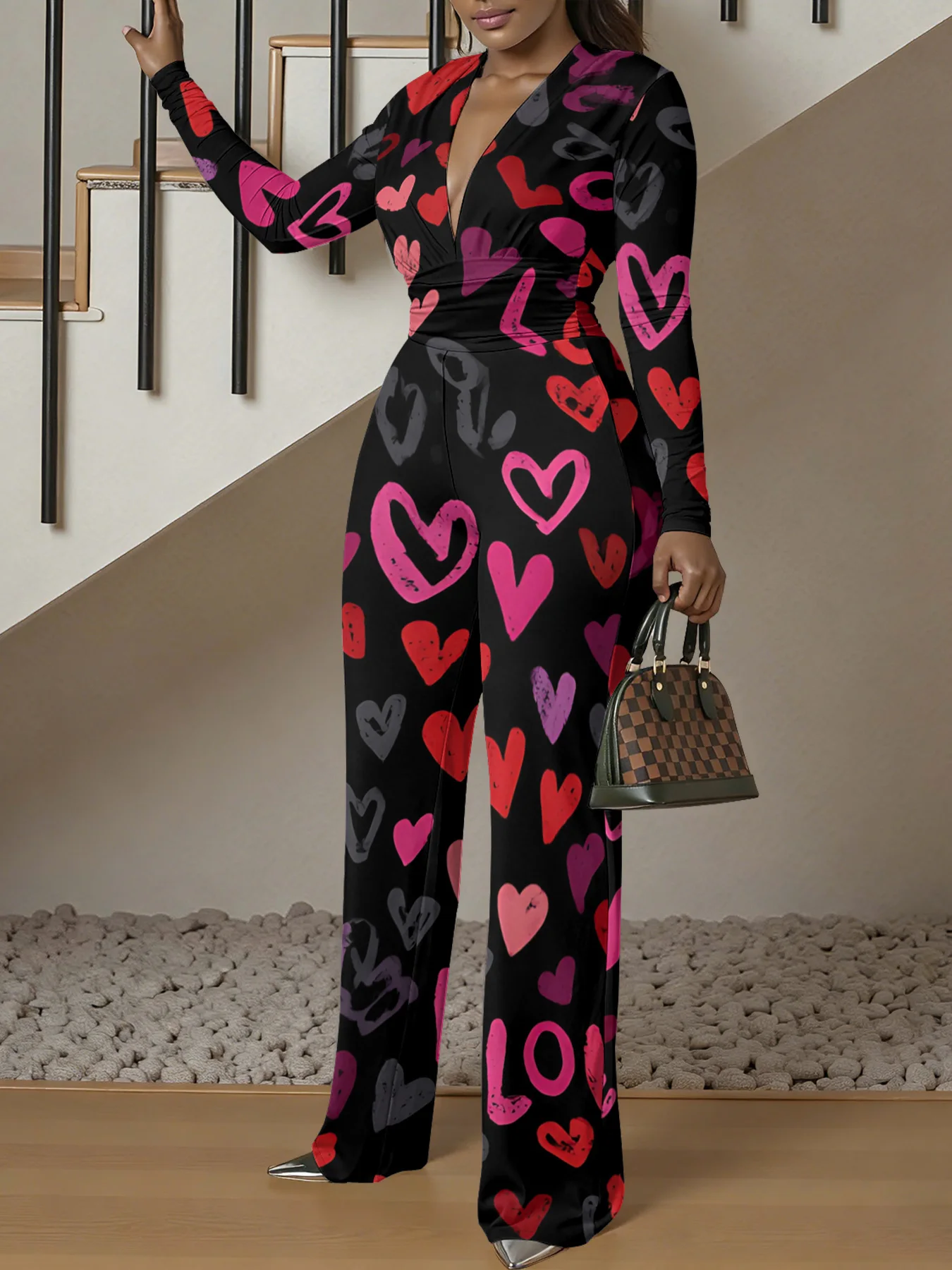Macacão justo de manga comprida com decote em V, ideal para o outono, feminino, elástico, peça única, para a primavera, roupa de rua de luxo, para fes